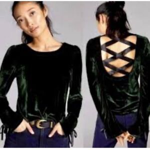 Anthropologie Open Back Ribbon Forrest Green Velvet Blouse Top size XS